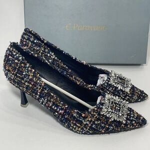 C. Paravano Tweed Jeweled Pumps Size 8.5 New in Box w Dust Bags & Heel Pads